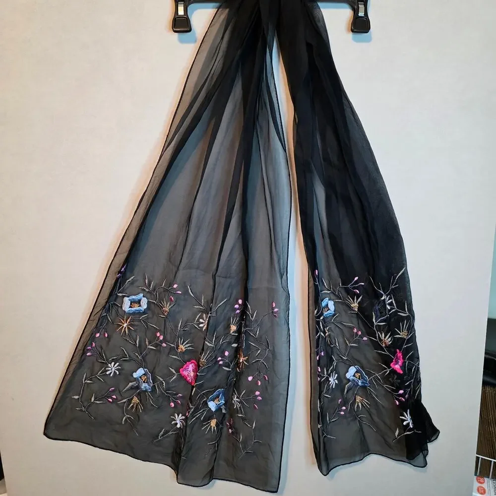 Frangi 100% silk black sheer scarf with multicolor floral embroidery 72' L 20